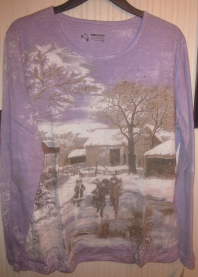 (image for) Womens Plus Long Sleeve Winter Scene Shirt Top Kids Ice Skating - Click Image to Close